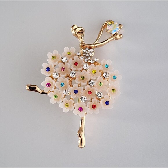 Ballerina Brooch Multi Color Rhinestone Floral Tutu Fun and Feminine - Picture 1 of 4